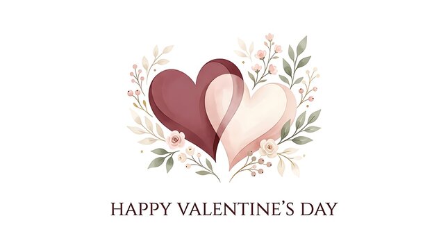 Watercolor Hearts With Floral Accents and Holiday Greeting Text on White Background