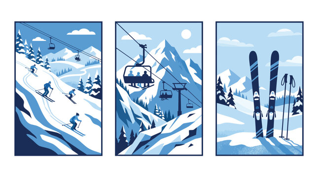 Ski resort vector poster set featuring blue monochromatic ski slopes, chairlift systems, and winter mountain sport equipment illustrations