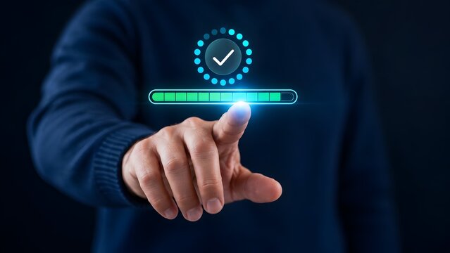 Hand touching glowing digital loading bar and checkmark symbol illustrating successful software installation and system progress completion