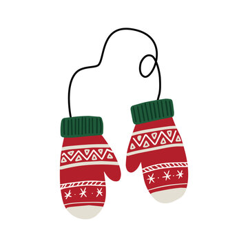 Red and green Christmas mittens vector isolated on white background