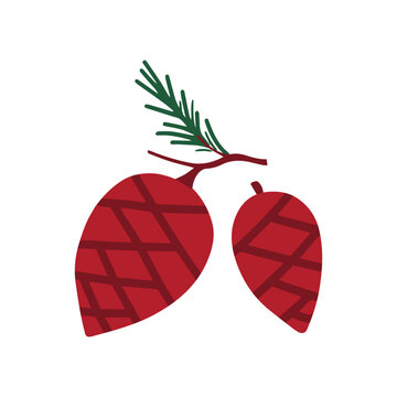 Red Christmas pine cones with spruce branch vector isolated on white background