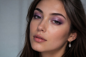 Fototapeta premium A young woman with brown hair and purple eyeshadow is posing for a close-up portrait against a light background.