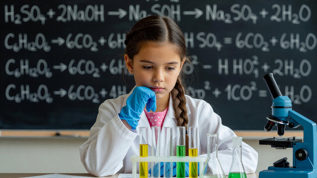 Thoughtful young girl in lab coat and gloves observing test tubes in laboratory, chemistry education and scientific research