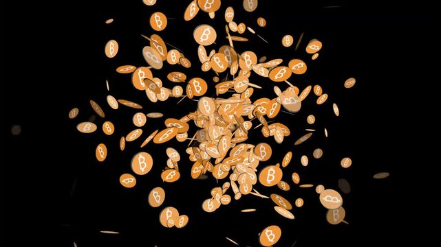 Cryptocurrency coins animation floats down in orange tokens. Digital monetary wealth tracks with the cryptocurrency coins animation. Blockchain banking drives this cryptocurrency coins animation.