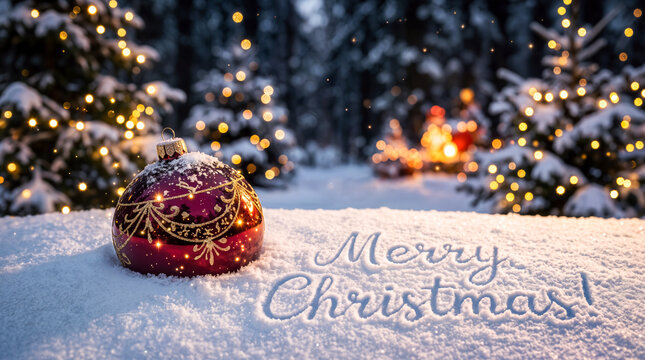 Weihnachtskugel im Schnee neben Schriftzug Merry Christmas im Winterwald