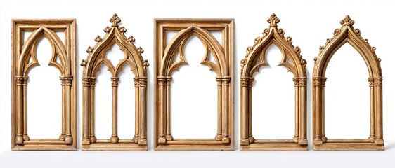 Obraz premium Five ornate gilded wooden gothic frames arranged in a row against a white background