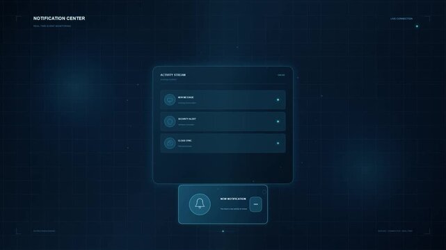 Futuristic digital notification center interface with a dark UI design featuring a modular data display panel for video playback system alerts