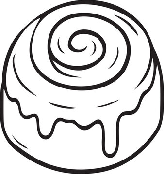 Sweet cinnamon roll bun with swirled icing glaze. Black and white vector line art outline for bakery logos, cafe menus, coffee pairing recipes, coloring pages, KDP, and crafts.