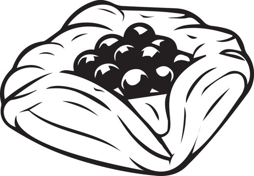 Flaky Danish pastry topped with fresh blueberries. Black and white vector line art outline for gourmet bakery menus, dessert recipes, coloring pages, KDP interiors, and crafts