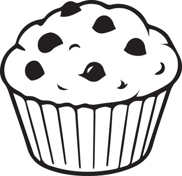Classic chocolate chip muffin in a paper cup. Black and white vector line art outline for bakery menus, breakfast snacks, coloring pages, KDP interiors, and sweet craft projects.
