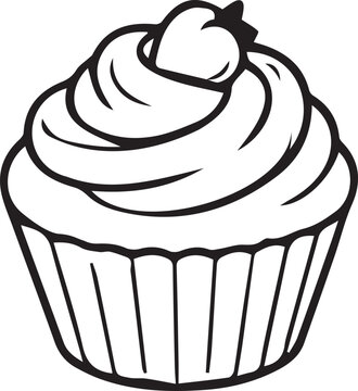 Sweet cupcake with swirled frosting topped with a fresh strawberry. Black and white vector line art outline for bakery logos, party menus, coloring pages, KDP, and dessert crafts.