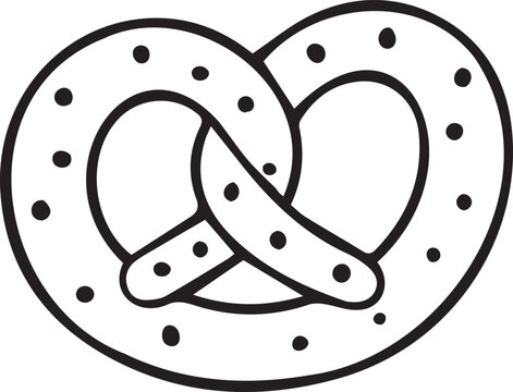 Traditional German twisted pretzel with salt grains. Black and white vector line art outline for Oktoberfest posters, bakery menus, coloring pages, KDP interiors, and snack crafts.