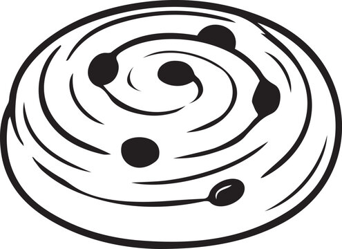 French pain aux raisins swirl pastry with raisins. Black and white vector line art outline for breakfast cafe menus, French bakery logos, coloring pages, KDP books, and sweet crafts.