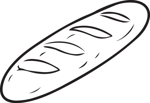Crispy French baguette bread loaf icon. Black and white vector line art outline for artisan bakery branding, bread shop menus, coloring pages, KDP activity books, and food craft art.