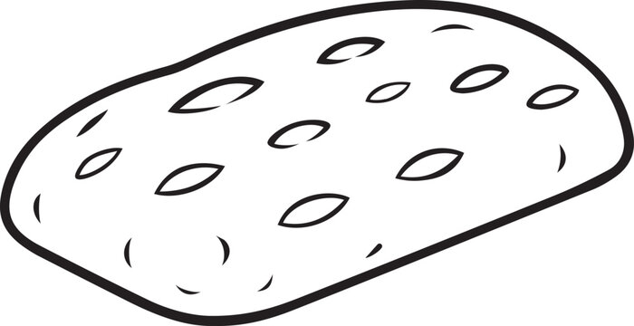Artisan flatbread or ciabatta loaf with scored crust. Black and white vector line art outline for bakery shop logos, Italian bread menus, coloring pages, KDP books, and food crafts.