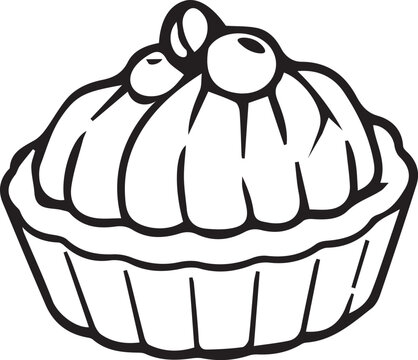 Fluted custard tartlet topped with whipped cream and blueberry. Black and white vector line art outline for sweet shop menus, pastry illustrations, coloring pages, KDP, and baking crafts.