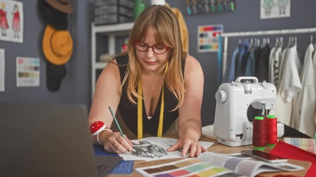 Woman drawing fashion sketches by laptop and sewing machine in studio, leans over table with pencil and measuring tape; concentration creativity.