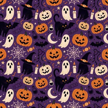 Cute Halloween Seamless Pattern with Ghosts, Jack O Lanterns and Bats