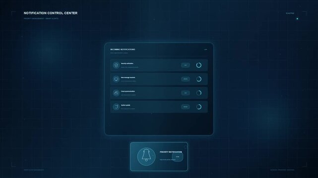 Futuristic digital notification control center interface with glowing user dashboard elements for sleek software application navigation