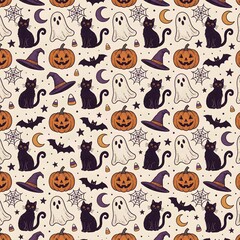 Obraz premium Halloween Seamless Pattern with Witches, Ghosts, Pumpkins and Crescent Moons