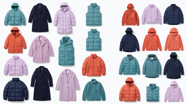 Winter outerwear and fashion apparel vector set featuring colorful puffer jackets, coats, parkas, and vests
