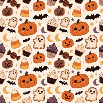 Cute Halloween Seamless Pattern with Pumpkins, Ghosts, Candy and Cupcakes