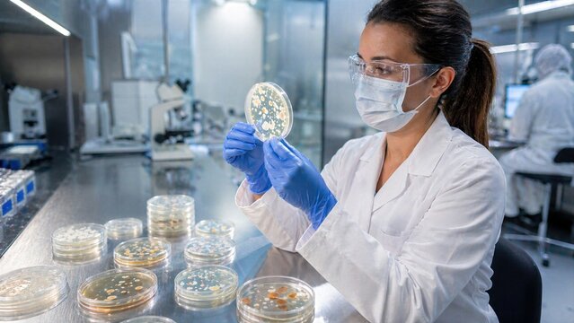 Incubated cleanroom monitoring plates in QC quality control lab highlight microbiological review, colony assessment and environmental control in pharmaceutical production.