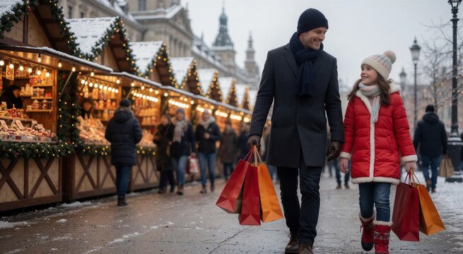 Father and daughter walking through a snowy European Christmas market, carrying shopping bags, enjoying the festive atmosphere.