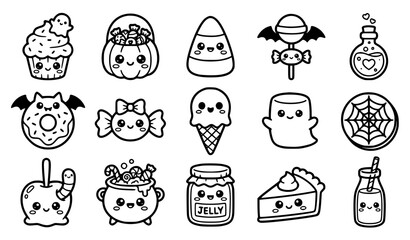 Fototapeta premium Kawaii Halloween Sweet Treats and Candy Vector Icons Collection