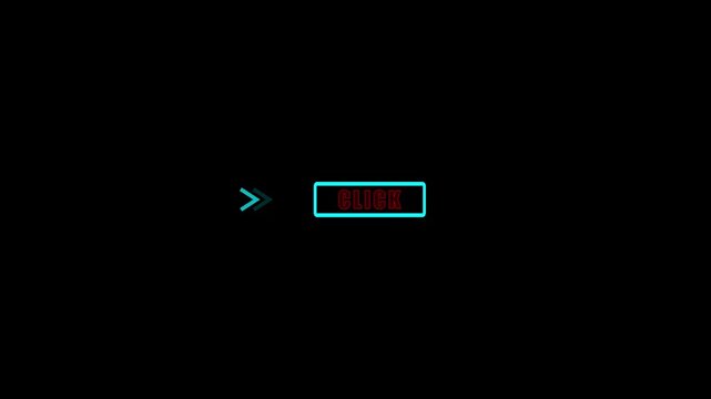 Click button animation displays glowing cyan arrows on red. Interactive call to action prompts activate this click button animation. Modern website user engagement drives the click button animation.