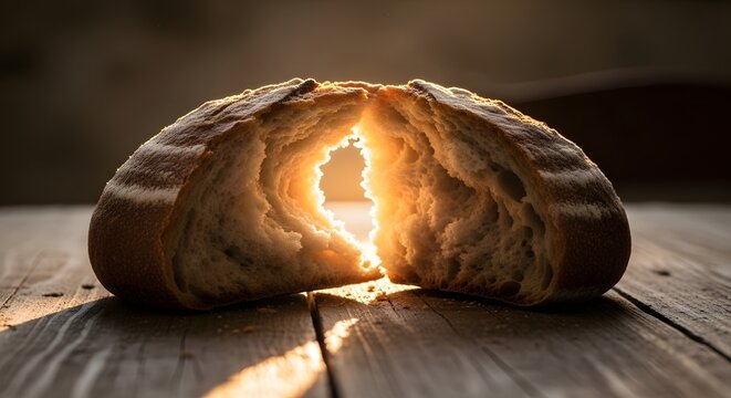 Freshly baked crusty bread loaf torn in half on a rustic wooden table with bright glowing light shining from inside the center