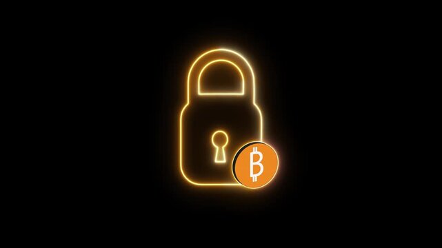 Neon padlock animation glows with a crypto symbol on black. Monetary wallet safety relies on the neon padlock animation. Encrypted blockchain digital privacy guards this neon padlock animation.