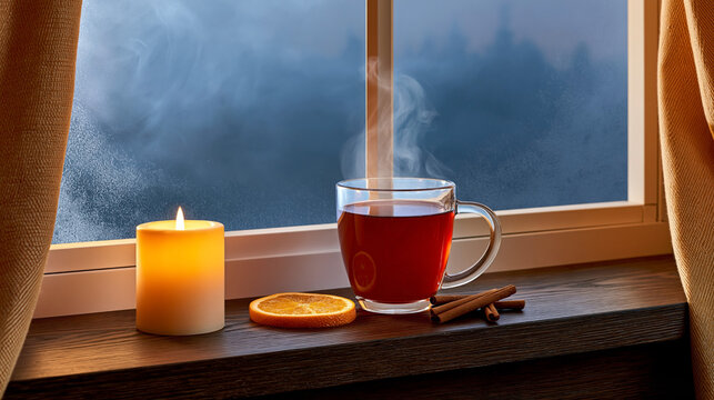 Warm spiced tea in glass cup with candle, dried orange slice, cinnamon sticks, and misty winter window framed by curtains on wooden sill interior scene