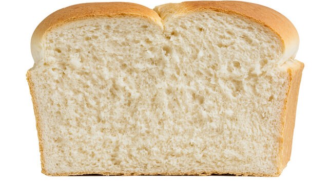Isolated homemade fresh baked white bread loaf cut in half, showcasing soft interior texture.