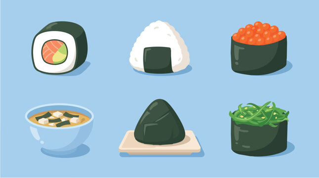 Flat Set Collection of Japanese Sushi and Sashimi Illustrations