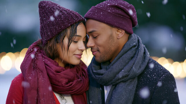 Couple in knit hats and scarves embracing closely outdoors as snow falls, smiling affectionately together during a winter evening in a softly lit setting