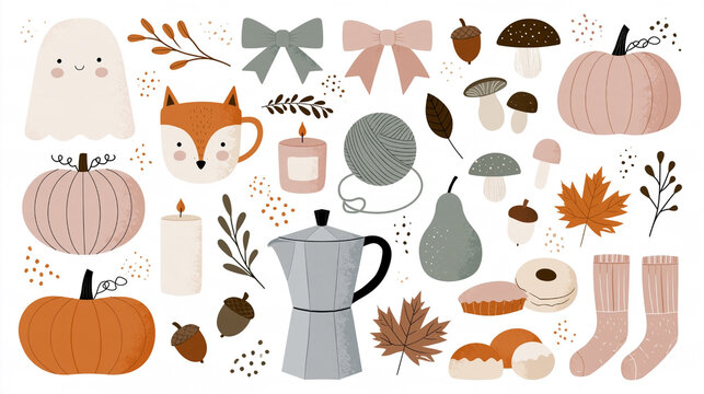 Autumn harvest illustration with pumpkins, fox, coffee maker, mushrooms, leaves, bows, acorns, pastries, socks, and seasonal decorative elements on white background