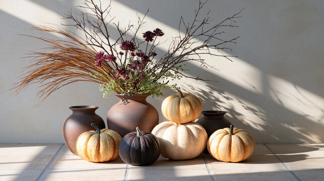 Decorative autumn still life with pumpkins, ceramic vases, dried grasses, flowers, and bare branches arranged in warm sunlight against a neutral wall and tiled floor