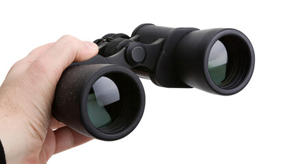 Isolated hand holding black binoculars for outdoor exploration, travel, and wildlife viewing © Lars