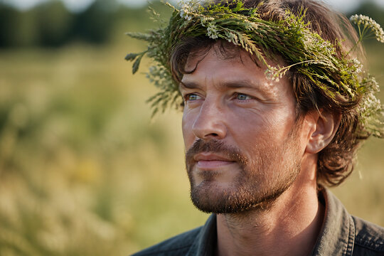 A man with a wreath of greenery on his head gazes thoughtfully in an outdoor, grassy field.