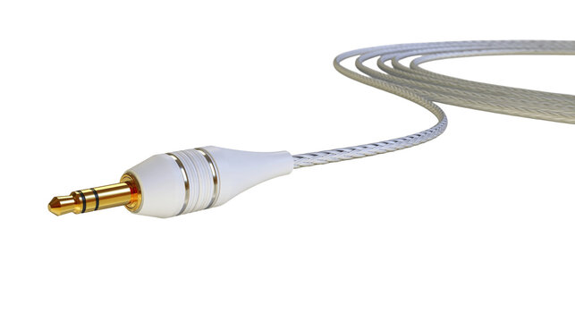 Isolated gold-plated 3.5mm male audio jack with white braided cable for connectivity.