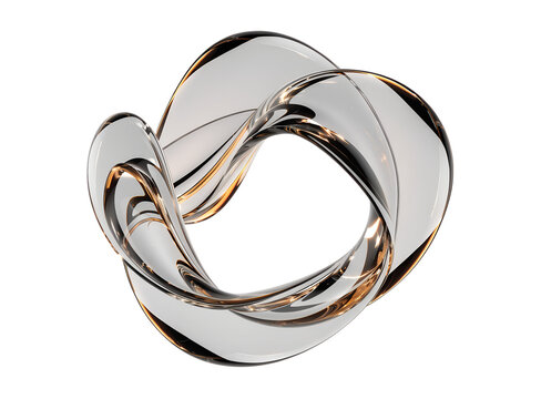 Abstract transparent glass twisted mobius loop with golden highlights on white background, modern sculptural design object