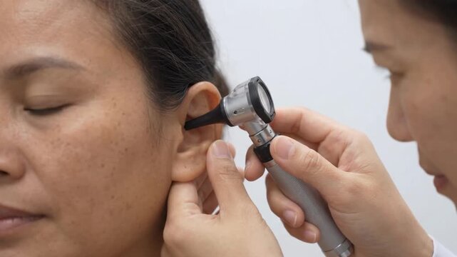 Medical professional examining patient ear with otoscope in clinic. Close-up video footage of doctor checking hearing health, diagnostic medical procedure b-roll clip.