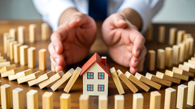 Home protection concept with hands shielding a house from falling wooden blocks