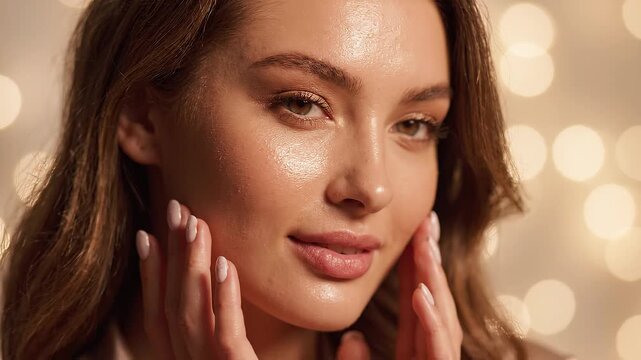 Woman applying facial cream on face.