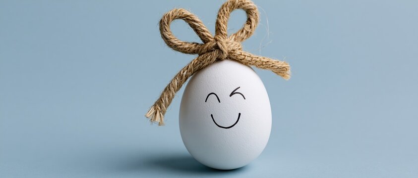 White egg decorated with jute twine bow and smiling face for easter