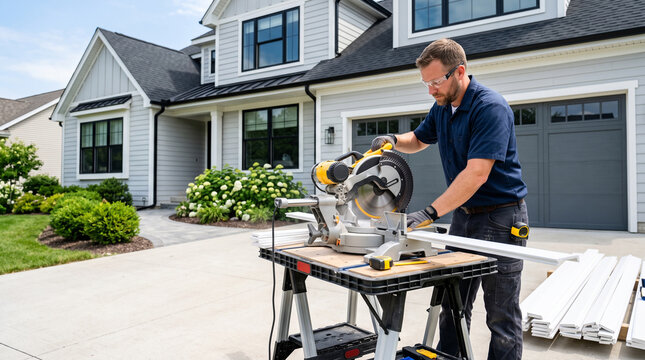 Contractor using a miter saw to cut white trim pieces for modern house renovation outdoors