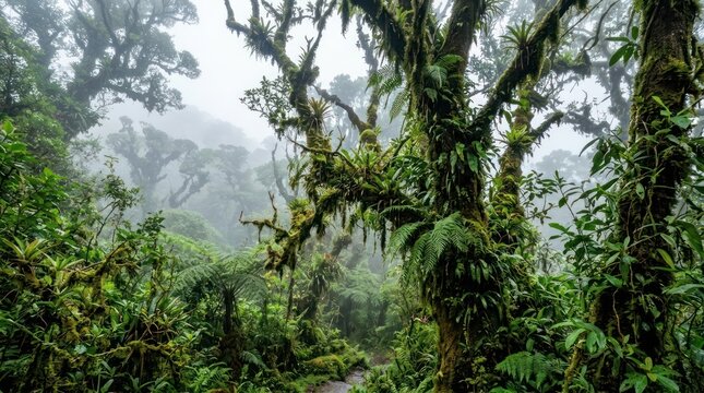 Clean Misty Cloud Forest Path Surrounded by Lush Green Moss Covered Trees and Vibrant Ferns with high quality professional line art symbols for modern creative design and digital branding projects