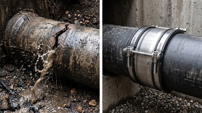 Damaged pipe leaking water from burst crack compared to repaired section with metal clamp