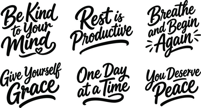 Give Yourself Grace and Rest is Productive Hand Lettered Script Mental Health Quotes Set